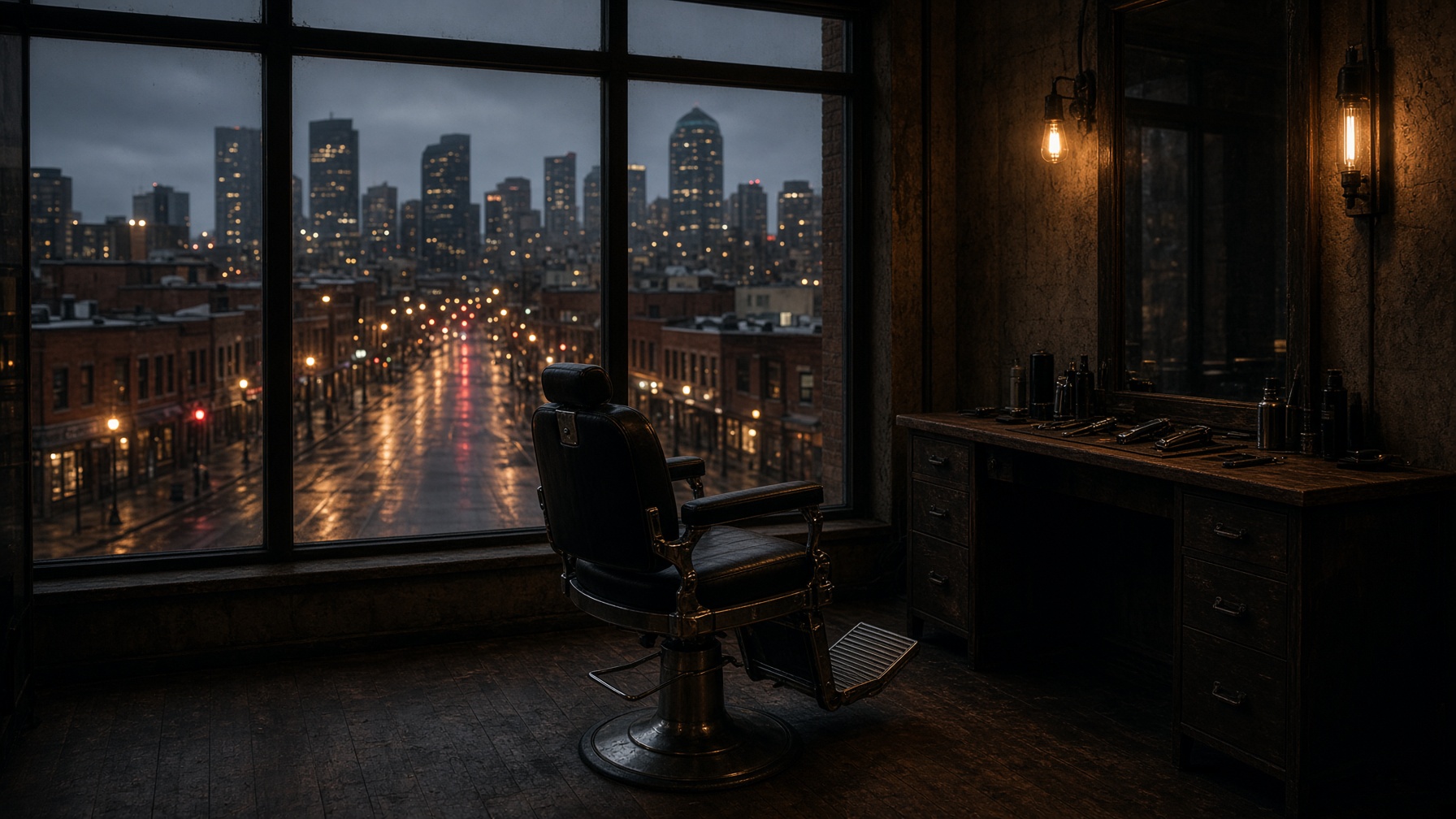 Barber chair by the windows, second floor over 17th Avenue SW at dusk