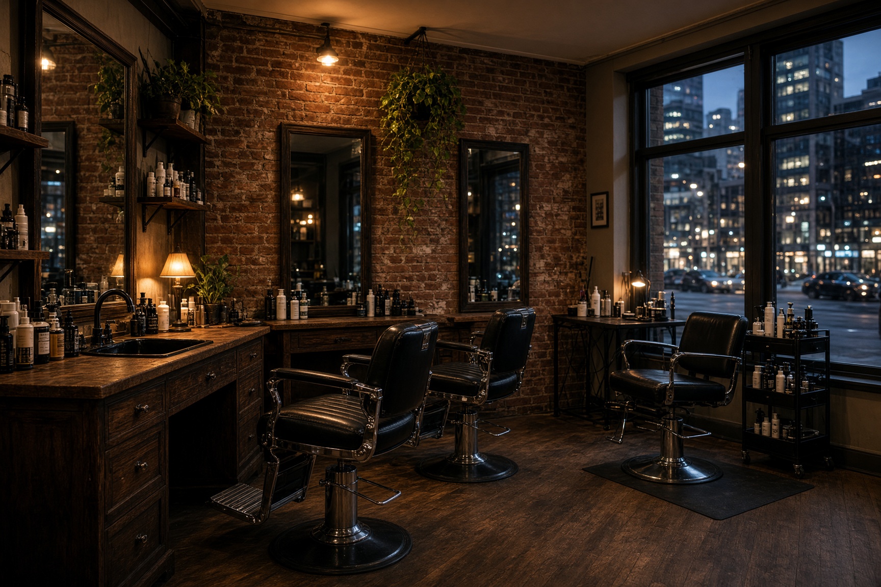 Stations, mirrors, and evening light inside the shop